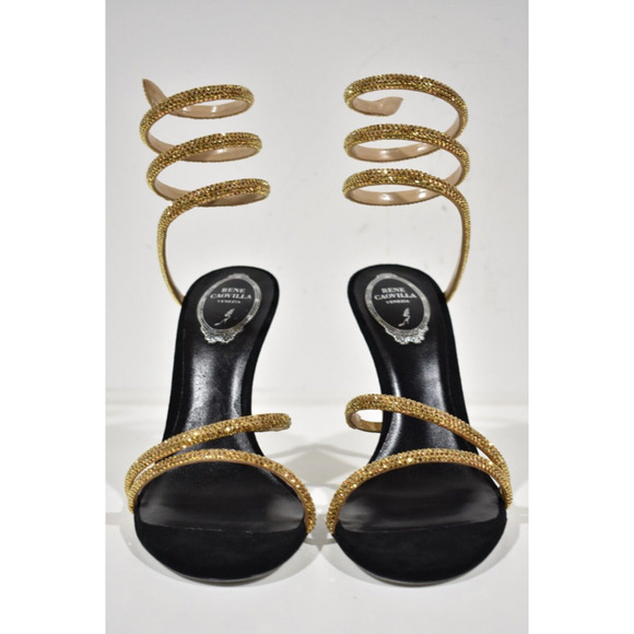 Rene Caovilla Margot Black Gold Crystal Ankle Wrap Strap Sandal Heel Pump 39 - Picture 6 of 12